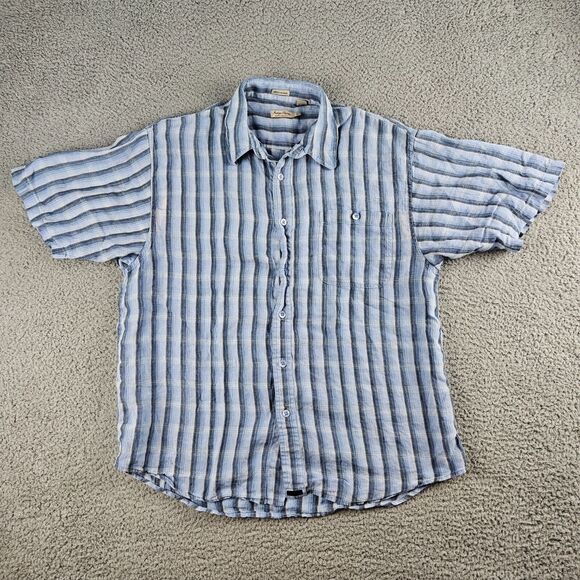 Tommy‎ Bahama Indigo Palms Linen Shirt Mens Large Blue Striped Short Sleeve - Picture 1 of 10